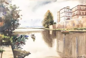 Real Bordalo, Landscape with Buildings by the River, Watercolour on Paper