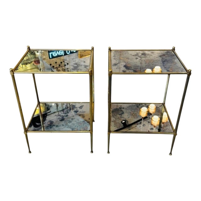 Neoclassical Side Tables in Brass and Oxidized Mirros, 1960, Set of 2 For Sale