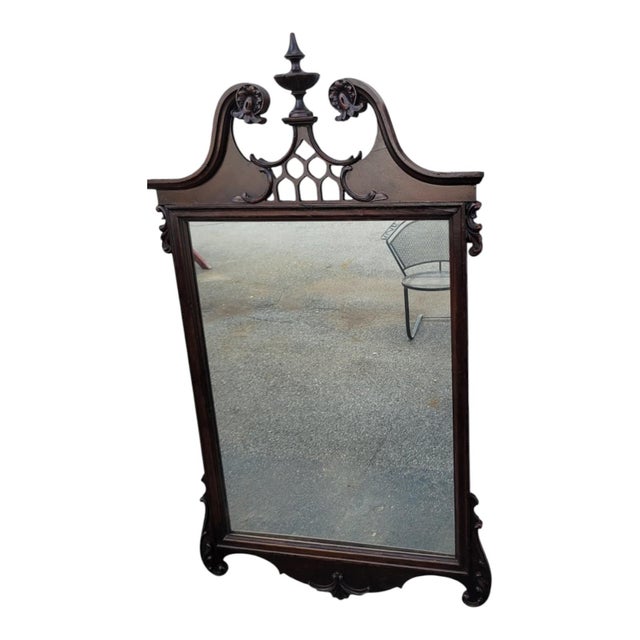 1920s Antique 1920s Chippendale Carved Mahogany Wall Mirror Pediment Crest Mirror For Sale - Image 5 of 16