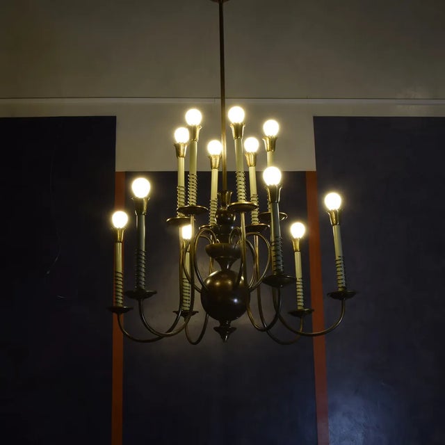Metal Brass 12-Light Pendant Chandelier, Italy, 1950s For Sale - Image 7 of 8