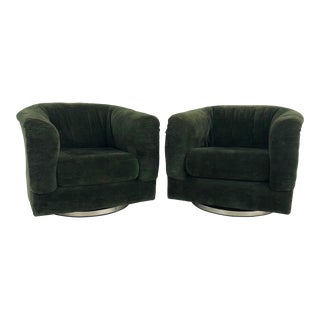 Mid-Century Baughman Style Velvet Swivel Club Chairs W/ Brass Banded Bases - a Pair For Sale