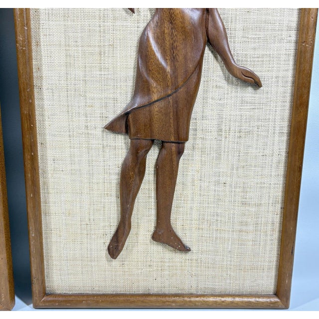 1960s Large 24” Mid-Century Modern Hand-Carved Teak & Burlap Wall Art – Set of 2 For Sale In Portland, ME - Image 6 of 7