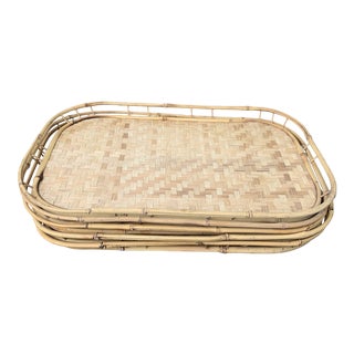 Vintage Handwoven Bamboo Trays- Set of 5 For Sale