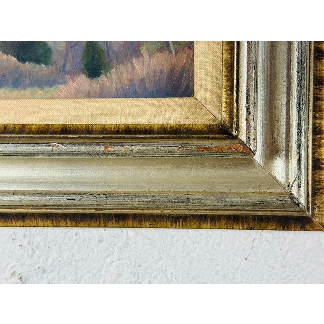 Beautiful vintage oil on board depicting a serene pastoral landscape with distant hills and softly rendered trees in muted...