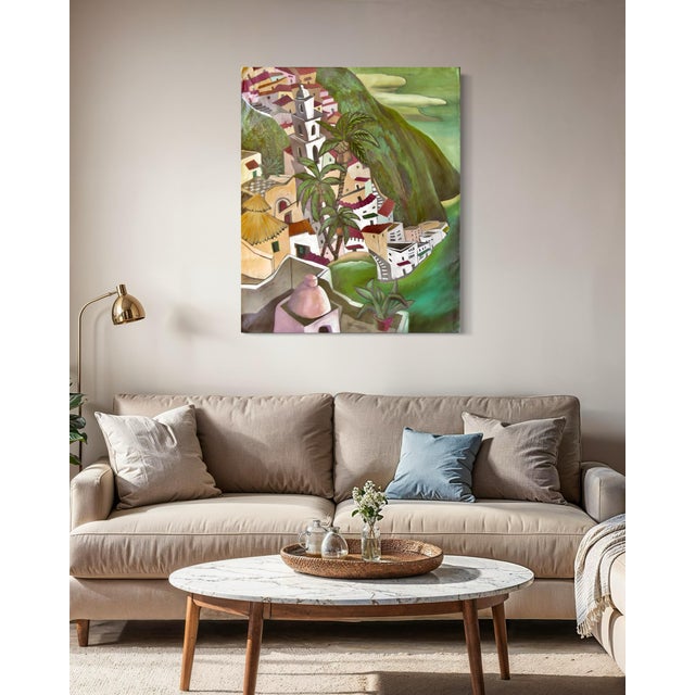 Marc Zimmerman "Climbing Village" Oil Painting, Cliffside Town, Palm Trees, Cubist Architecture, Vivid Green, Contemporary Art West Coast For Sale In Monterey, CA - Image 6 of 8