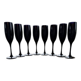 1960s Libby Crystal Black Amethyst Champagne Glasses - Set of 8 For Sale