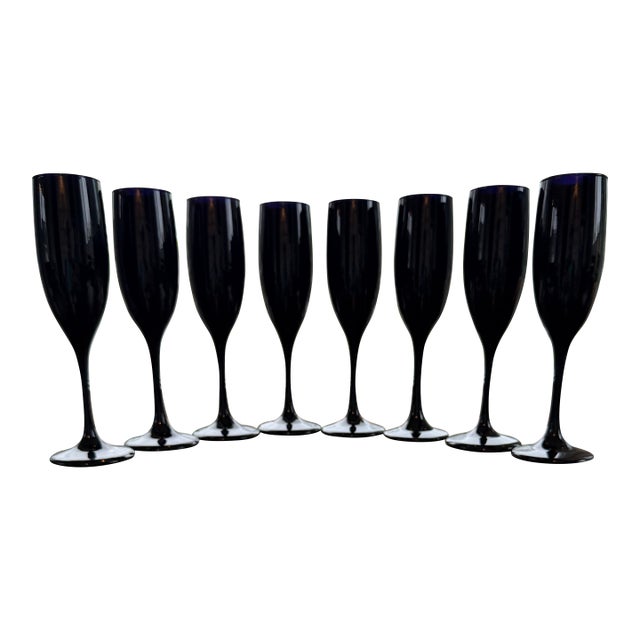 1960s Libby Crystal Black Amethyst Champagne Glasses - Set of 8 For Sale
