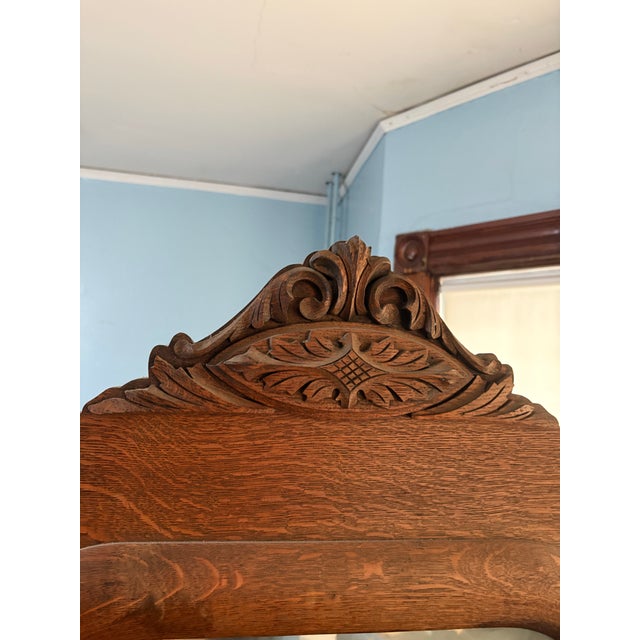 Turn-of-the-Century Victorian Carved Oak Hall Tree Bench With Original Brass Hardware & Mirror For Sale - Image 12 of 12