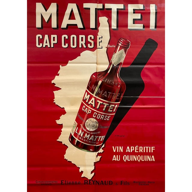 Large Mattei Cap Corse Advertising Poster by Rene Bougros, 1950s For Sale
