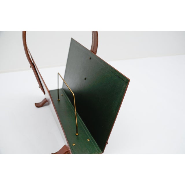 Wood Magazine Rack in Leather and Brass from Jacques Adnet, 1950s For Sale - Image 7 of 11