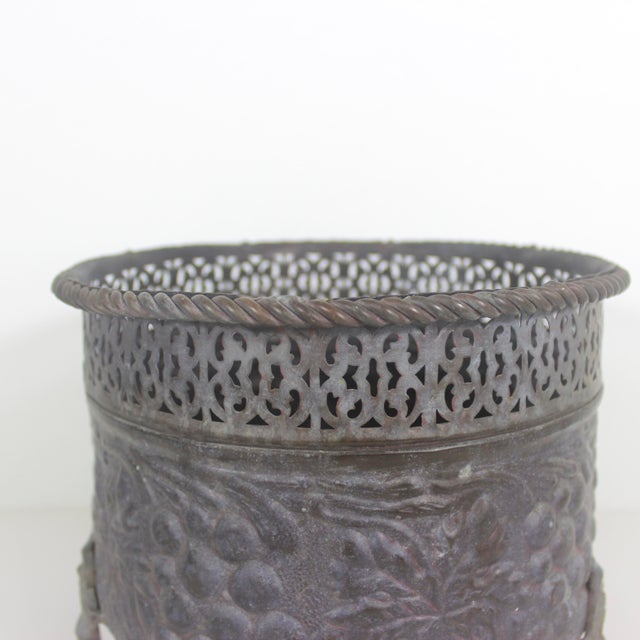 Metal Vintage Claw Footed Brass Planter With Grape Motif Rope Edge and Pierced Details For Sale - Image 7 of 9