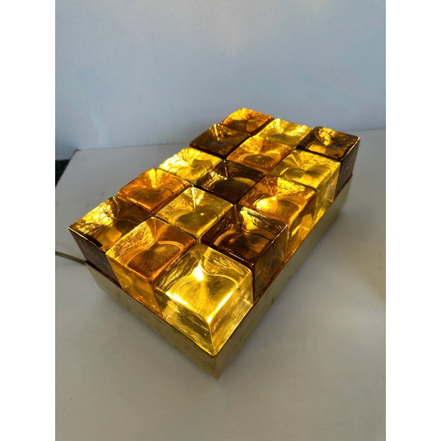 Contemporary Pair of Brass and Murano Glass Cube Marquetry Lamps, Italy For Sale - Image 11 of 12