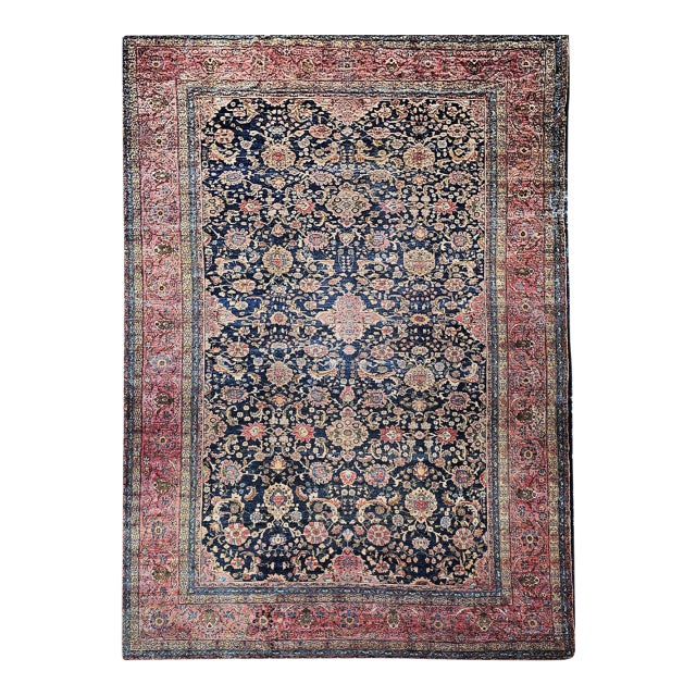 19th Century Oversized Persian Farahan Sarouk Rug, Hand-Knotted Wool, Allover Geometric Design, Navy & Red, 11x17 For Sale