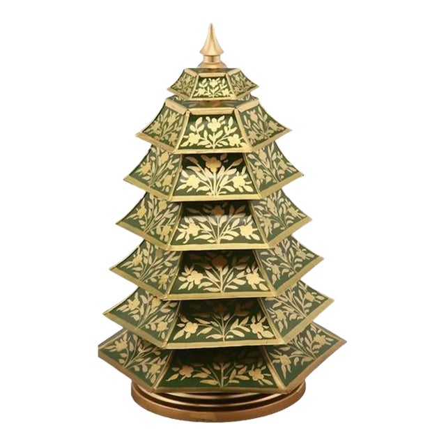 Tole Green/Gold Chinoiserie Christmas Tree, 8" For Sale