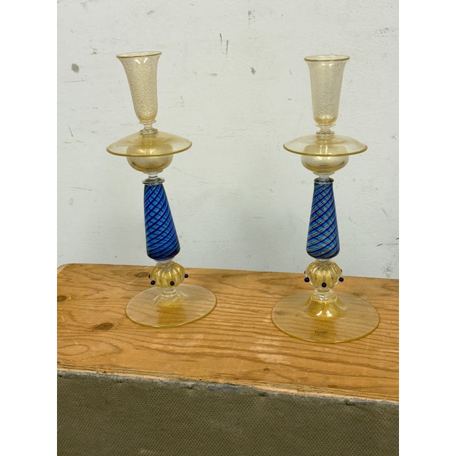 Italian La Fenice Murano Glass Filigrana Candle Holders, Pair For Sale - Image 3 of 13