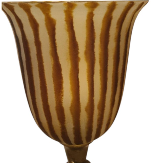 Spiral Cut Bronze Toned Torchiere Buffet Lamps With Tiger Striped Amber Glass Shades - A Pair For Sale - Image 11 of 13