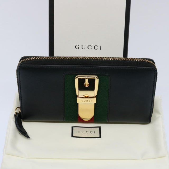 Gucci Silvi Web Sherry Line Long Wallet Leather Black Red 476083 