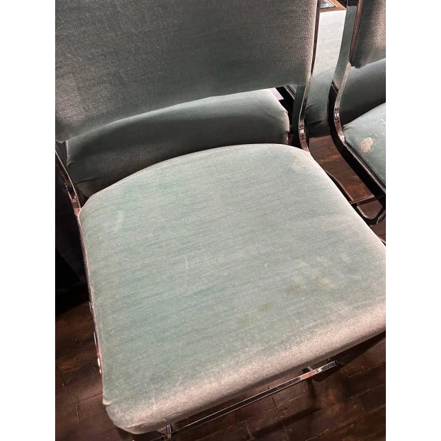 1980s Set of 6 Mid-Century Bar Stools With Aqua Mohair Upholstery and Chrome Bases For Sale - Image 13 of 14