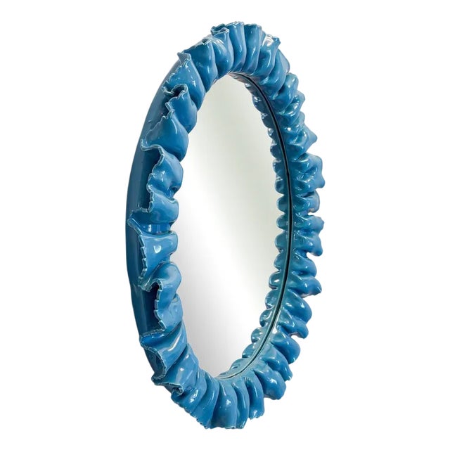 Mid-Century Blue Ceramic Wall Mirror attributed to Fausto Melotti, Italy, 1950s For Sale