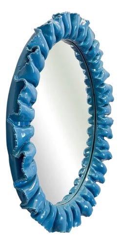 Mid-Century Blue Ceramic Wall Mirror attributed to Fausto Melotti, Italy, 1950s
