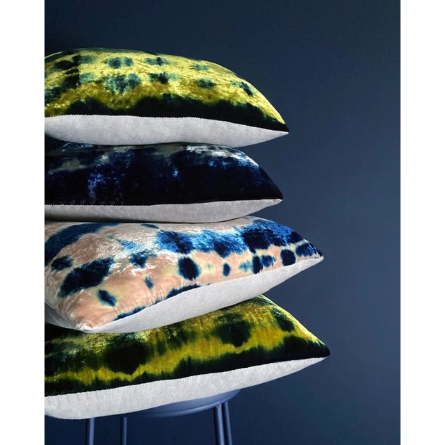 Rousseau Hand Dyed Silk Velvet Pillow, Rose Pink & Indigo Blue Pleat Abstract Pattern For Sale - Image 4 of 11