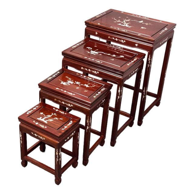 Asian Rosewood + Mother of Pearl Inlaid Nesting Tables, Set of Four For Sale
