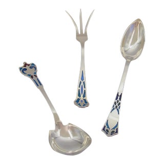 Sterling Silver Plique-a-Jour Enamel Flatware Trio For Sale