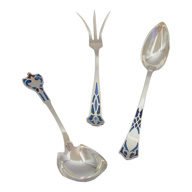 Sterling Silver Plique-a-Jour Enamel Flatware Trio For Sale