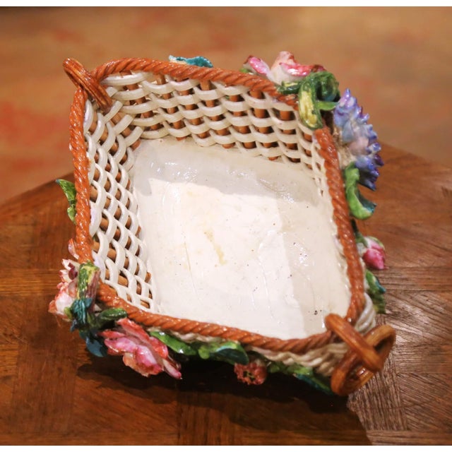 Tan 19th Century French Barbotine Porcelain Basket Jardinière With Flowers For Sale - Image 8 of 9