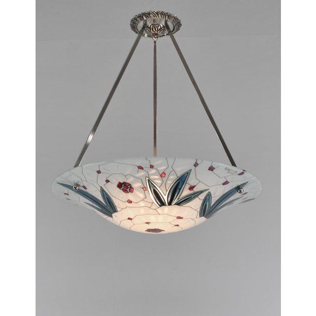 White French Art Deco Pendant Light by Maxonade 1930s - Floral Enameled Bowl Nickel Bronze For Sale - Image 8 of 15