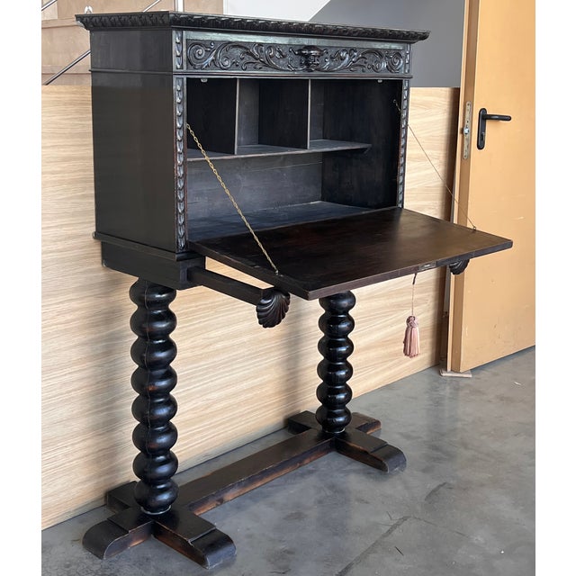 Black 20th Century Spanish Baroque Style Cabinet on Stand, Bargueno or Varqueno For Sale - Image 8 of 12