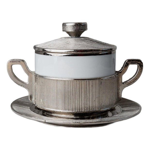 Vintage Silver-Plated Lidded Porcelain Bowl with Tray, Italy, 1950s, Set of 2 For Sale