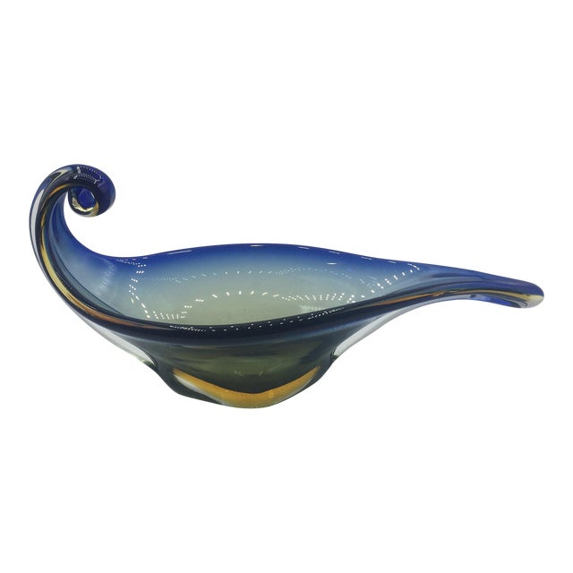 Murano Blue Green and Yellow Handled Dish For Sale