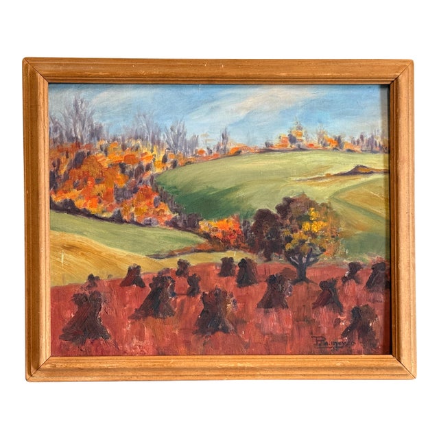 c.1938 American Autumn Harvest Landscape Painting Oil on Board Signed p.a. Meyer For Sale