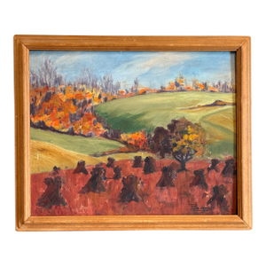 c.1938 American Autumn Harvest Landscape Painting Oil on Board Signed p.a. Meyer