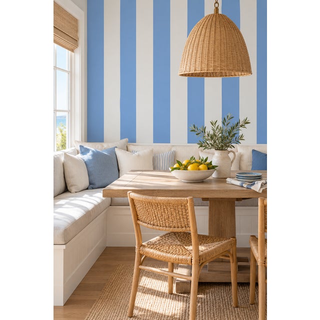 Modern Clubhouse Stripe Grasscloth Wallpaper by House Party | Cornflower Blue and White | 6 Yards For Sale - Image 3 of 11