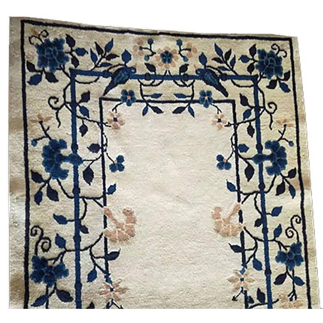 Chinese 1900s White Cream Floral Handknotted Antique Chinese Peking Rug 3' 2" X 11' 6" Wool Carpet For Sale - Image 3 of 4