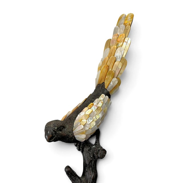 Metal Maitland Smith Bronze & Mother of Pearl Parrot Sculptures, a Pair For Sale - Image 7 of 15