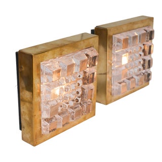 Swedish Brutalist Glass and Brass Wall Lamps from Falkenbergs Belysning, Set of 2 For Sale
