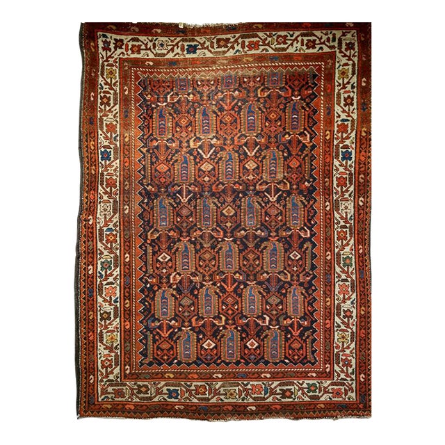 Early 20th Century Vintage Persian Malayer Area Rug, All-Over Paisley Pattern, Navy & Ivory, 5’ X 6’ For Sale