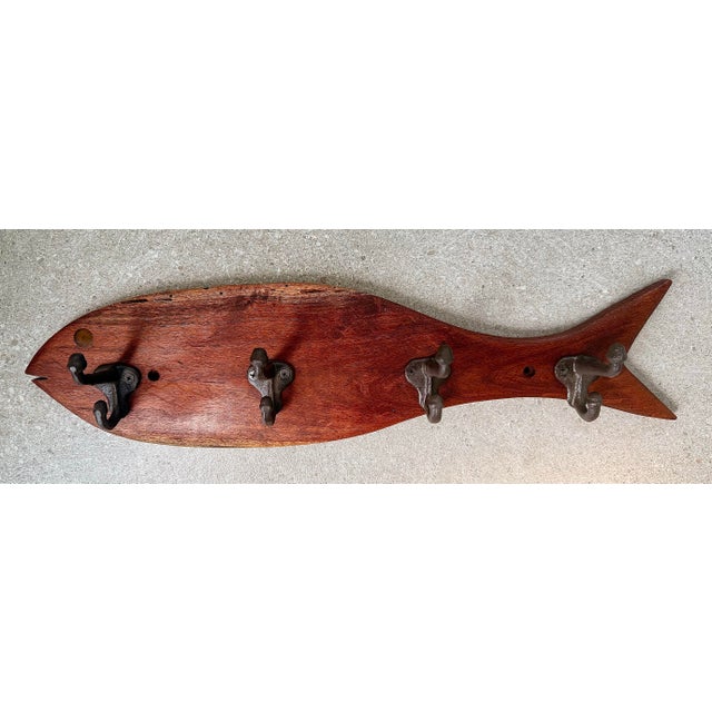 Vintage Rustic Folk Art Wood Fish Coat, Hat Rack For Sale - Image 12 of 12
