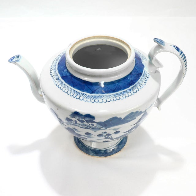 Ceramic Antique Chinese Export Blue & White Canton Porcelain Tea Pot For Sale - Image 7 of 18