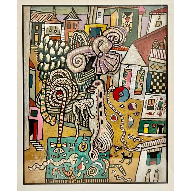 Alan Davie, Vibrant Alan Davie Scottish Colorful Surrealist British Pop Art Village Painting, 1982 For Sale