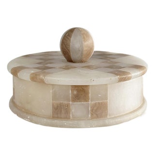Italian Marble Checkerboard Lidded Box – Round Stone Catchall For Sale
