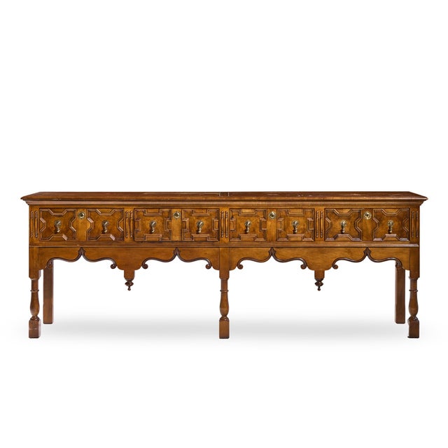 Baker Furniture Jacobean Style Oak, Burlwood and Brass Console Table Credenza This credenza measures: 100 wide x 20 deep x...