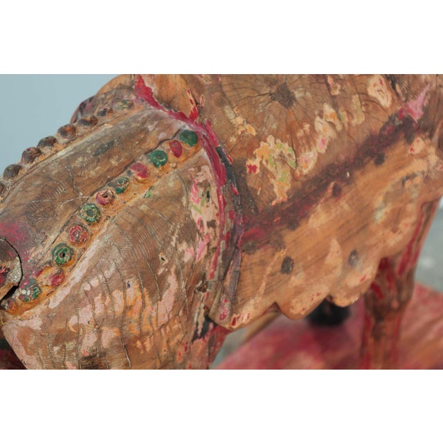 Pair of Monumental Indian Polychrome Carved Wood Horses on Wheels, 19th C. For Sale In Palm Springs - Image 6 of 17