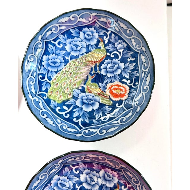 1970s Japanese Peacock Blue Floral Dessert Plates – Chinoiserie Style – Set of 4 For Sale - Image 4 of 10