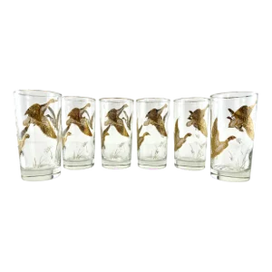 Vintage Mid Century Gilt Duck Motif Highball Tumblers, Set of 6