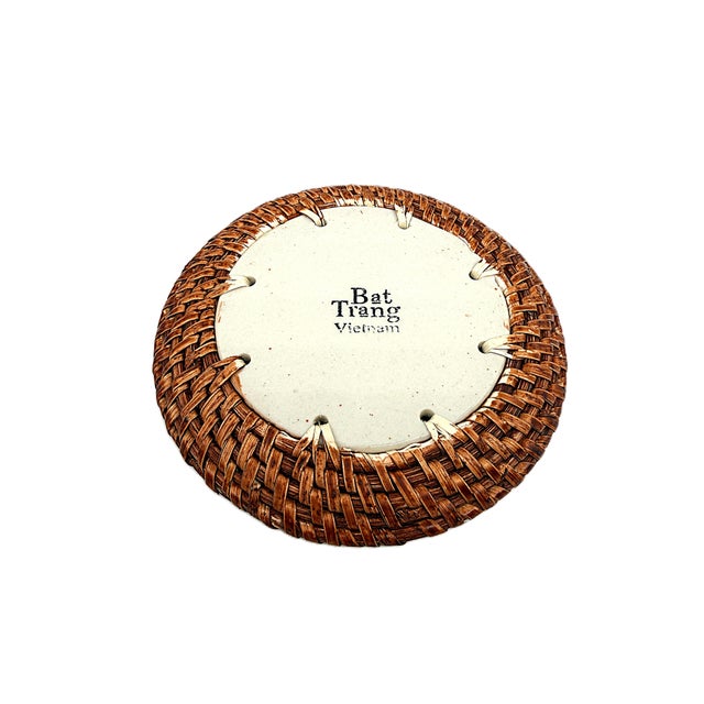 Asian Modern Bat Trang Vietnam Rattan & Ceramic Coasters With Hand Painted Yellow Floral Motif - Set of 4 For Sale In New York - Image 6 of 7