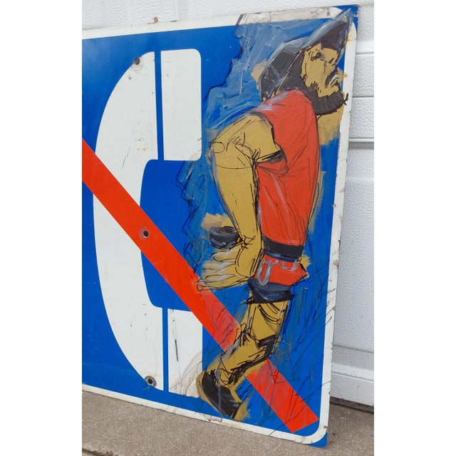 An Urban Art Painting on a vintage metal Advertising Sign. The Sign depicts a Telephone and the artwork is a lineman,...